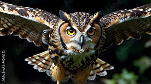 A close-up of an owl with its wings spread, showcasing its yellow eyes, dark brown feathers, and sharp beak.