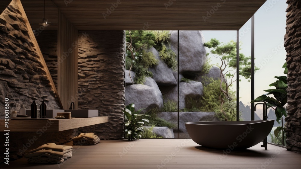 Modern Minimalist Bathroom with Stone Wall and Mountain View Modern Minimalist Bathroom with Stone Wall and Mountain View