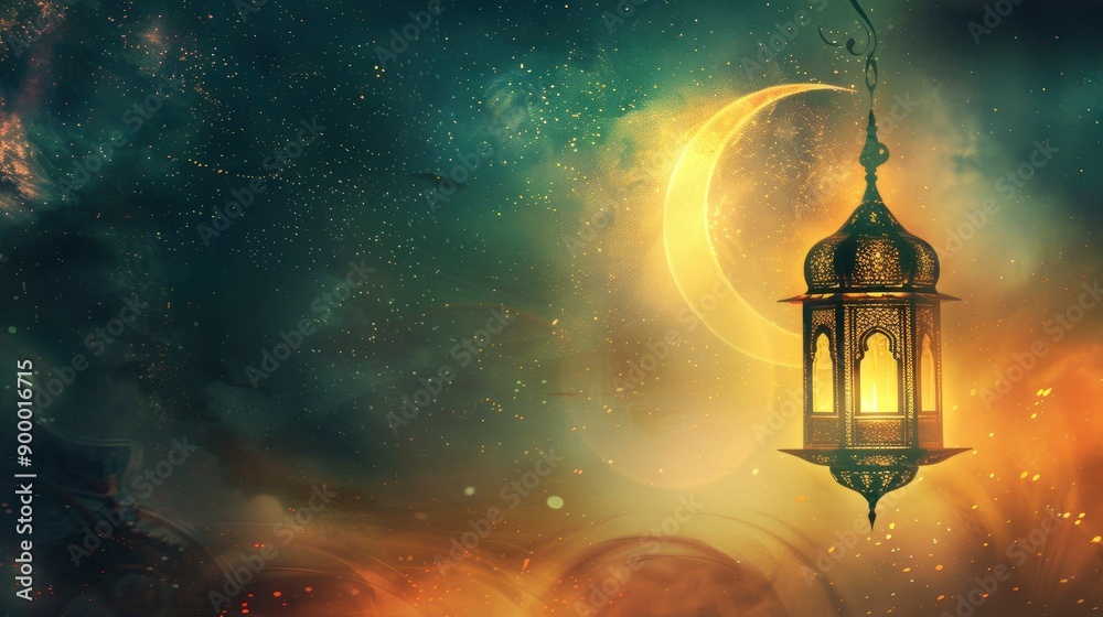 Islamic greetings ramadan kareem card design template. Space for text. background with beautiful lantern and crescent. Post-processed, generative ai Islamic greetings ramadan kareem card design template. Space for text. background with beautiful lantern and crescent. Post-processed, generative ai