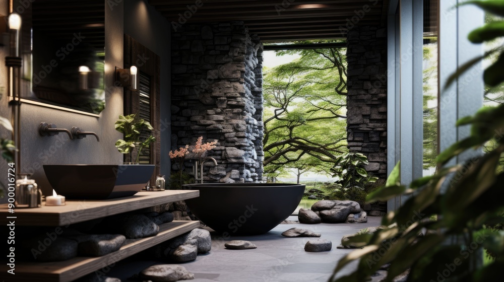 Modern Bathroom with Stone Wall and Window View of Lush Greenery Modern Bathroom with Stone Wall and Window View of Lush Greenery