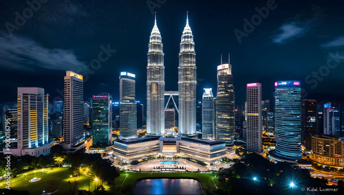 Nighttime cityscape with illuminated skyscrapers and a park