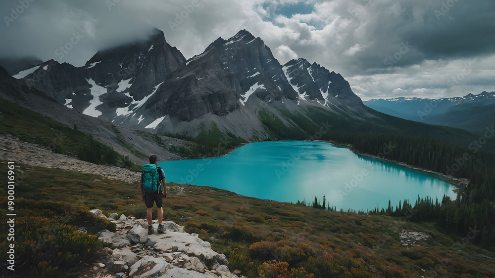 Naklejka premium Hiker Overlooking a Turquoise Mountain Lake