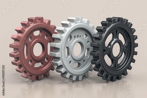 Metallic gears in various colors industrial and mechanical setting dynamic and vibrant visual