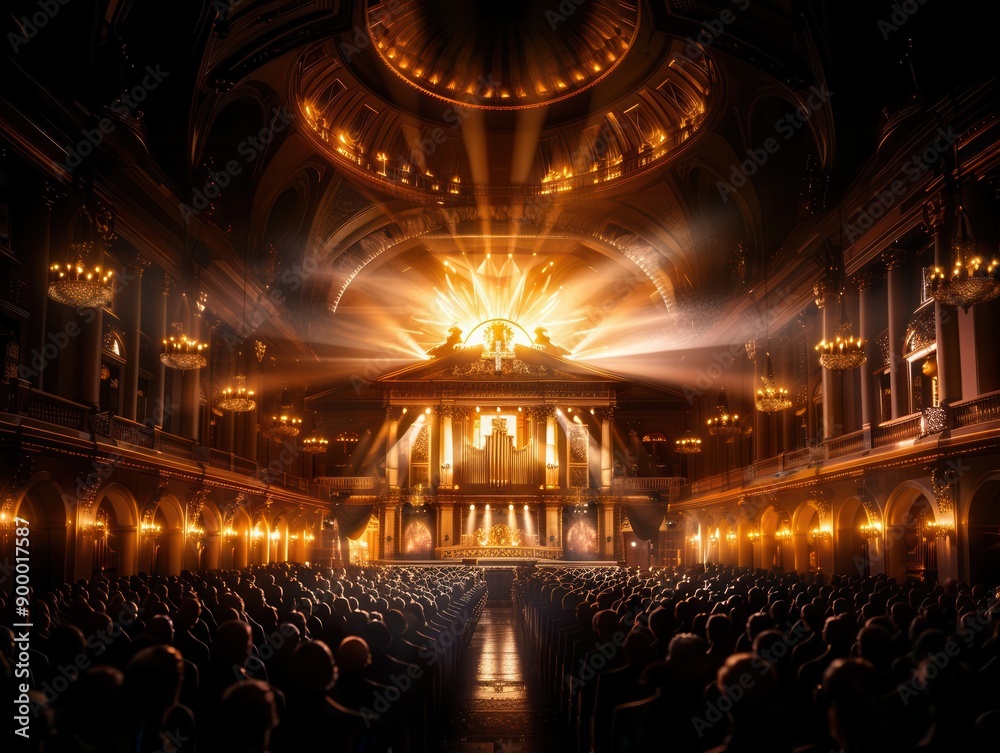 Obraz premium Choir singing the national anthem in a grand hall, Historical, Soft tones, Digital painting