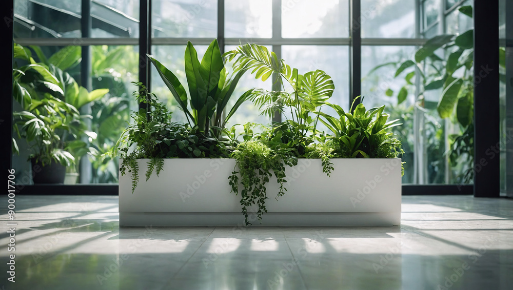 Lush indoor plants arranged in a white rectangular planter, creating a fresh and vibrant atmosphere in a sunlit room. Lush indoor plants arranged in a white rectangular planter, creating a fresh and vibrant atmosphere in a sunlit room.