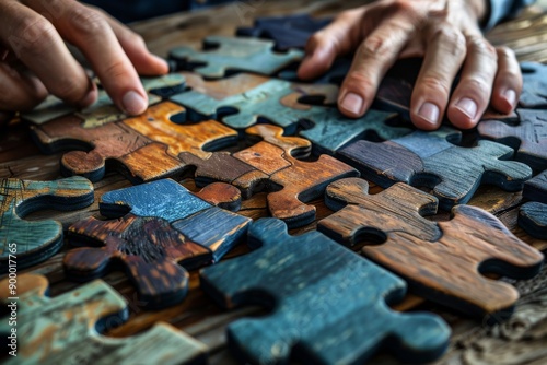 Hands assembling puzzle pieces on a wooden table collaborative and strategic setting vibrant and dynamic visual