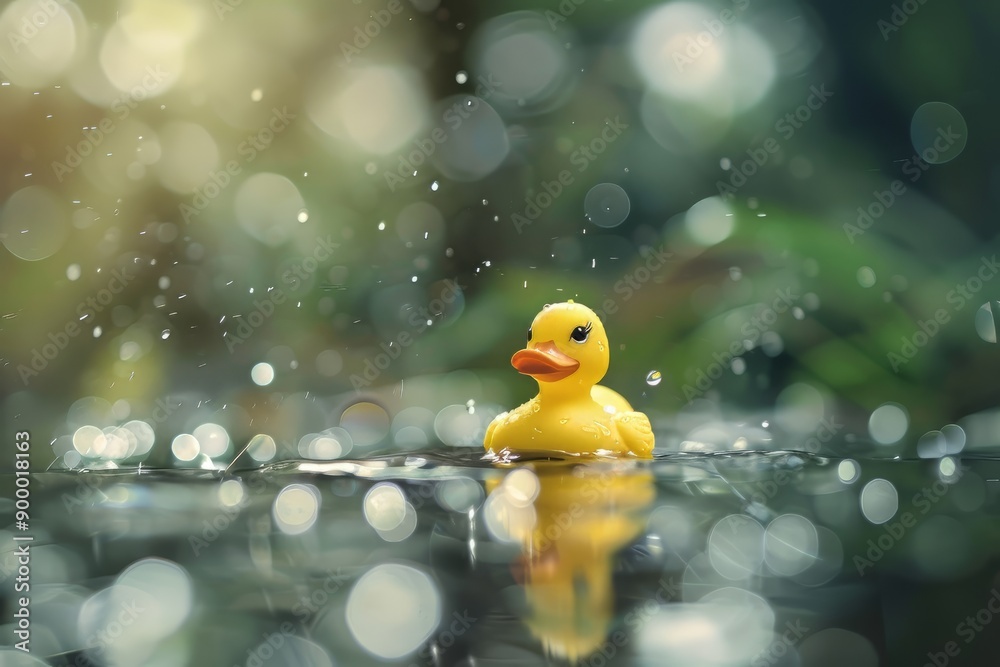 Cute rubber duck swimming in the puddle.Hello summer. Cute rubber duck swimming in the puddle.Hello summer.