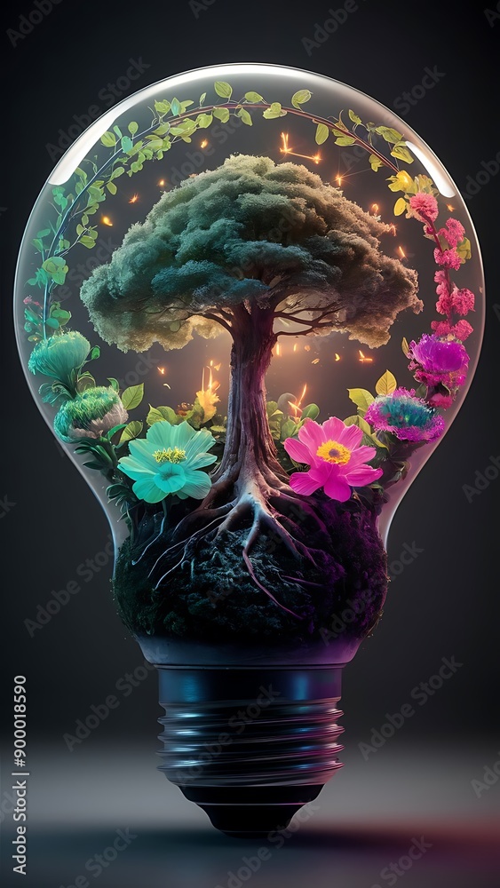 A captivating illustration of a miniature world inside a clear light bulb, showcasing a thriving ecosystem A captivating illustration of a miniature world inside a clear light bulb, showcasing a thriving ecosystem