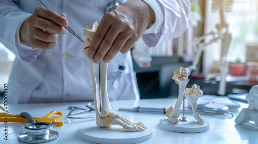 A doctor is examining the knee joint model in front of him, holding tools to study it carefully A doctor is examining the knee joint model in front of him, holding tools to study it carefully