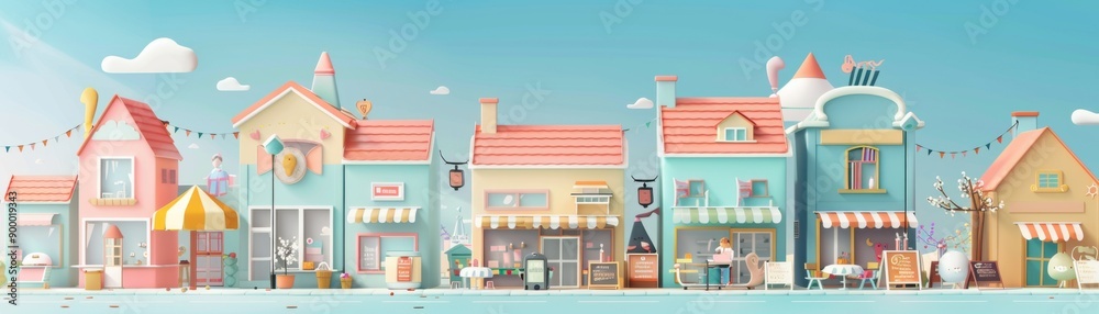 Vibrant 3D Flat Design of Charming Small Townscape with Shops and Cafes on Solid Pastel Background Vibrant 3D Flat Design of Charming Small Townscape with Shops and Cafes on Solid Pastel Background