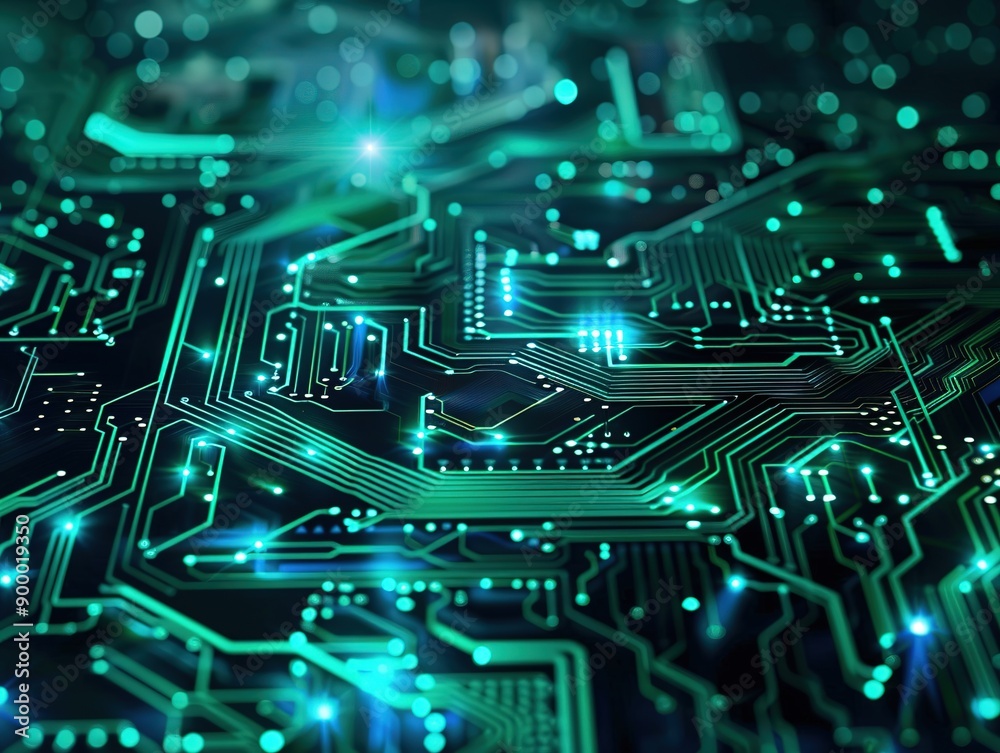 Obraz premium Futuristic Abstract Digital Background with Green and Blue Tones, Featuring Circuit Board Elements and Glowing Lights, Representing Advanced Technology, Computer Science, and Artificial Intelligence 