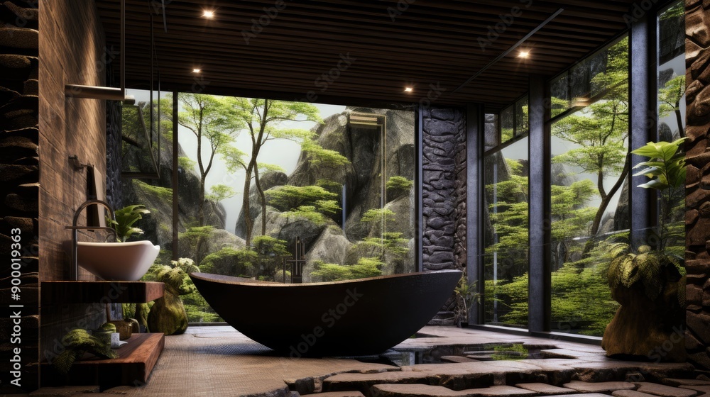 Modern Bathroom with Black Bathtub and Natural Stone Wall Modern Bathroom with Black Bathtub and Natural Stone Wall
