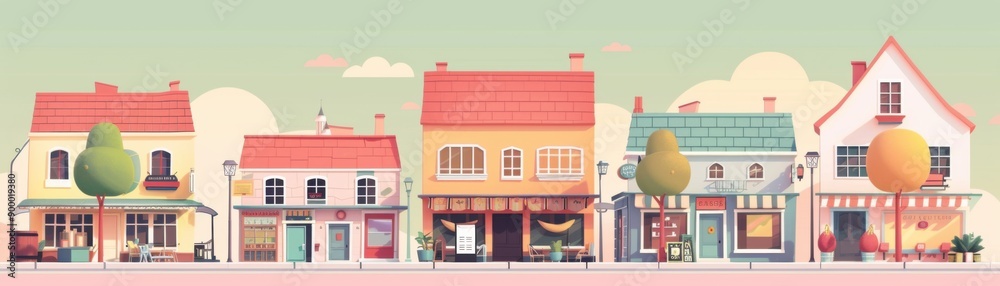 Vibrant 3D Flat Design of Cozy Small Town with Quaint Shops and Cafes on Solid Pastel Background Vibrant 3D Flat Design of Cozy Small Town with Quaint Shops and Cafes on Solid Pastel Background