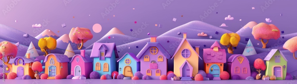 Enchanting 3D Flat Design of Colorful Fairytale Village on Lavender Background