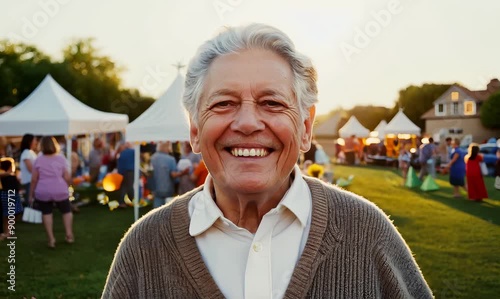 Medium shot portrait video of a cheerful man in his 70s that is wearing a chic cardigan against a neighborhood block party with food and games background