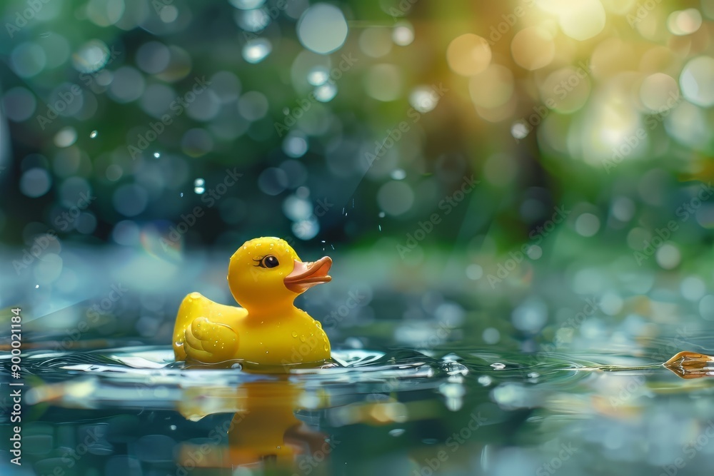 Cute rubber duck swimming in the puddle.Hello summer. Cute rubber duck swimming in the puddle.Hello summer.