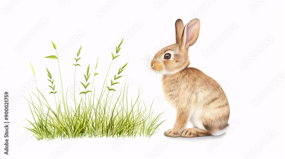 Fototapeta premium Curious Bunny in a Patch of Grass: A sweet and endearing brown bunny sits in a patch of green grass, its ears perked up with curiosity, against a clean white background.