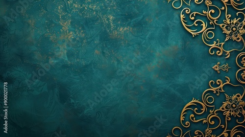 A rich, deep teal background with an intricate golden filigree pattern only on the boundaries, suggesting elegance and luxury.