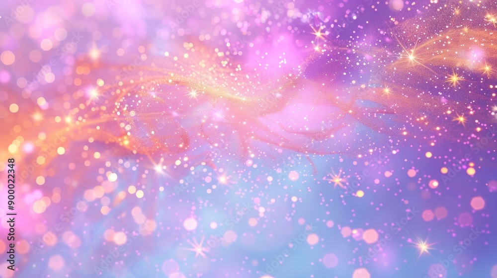 Glittering gradient background with hologram effect and magic lights. Holographic abstract fantasy backdrop with fairy sparkles, gold stars and festive blurs - generative ai