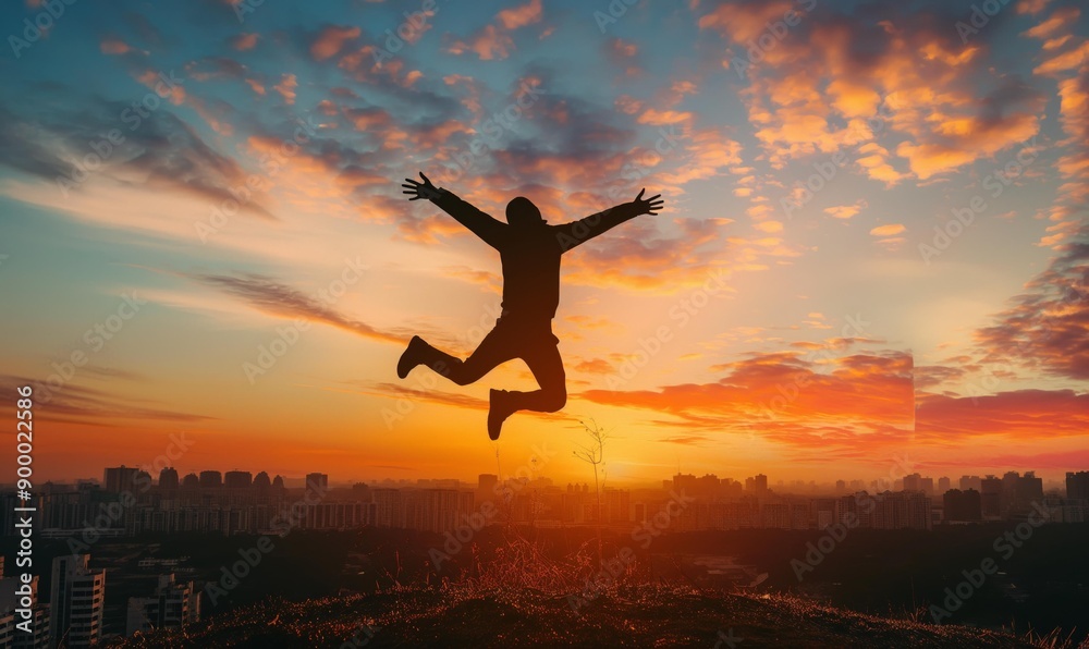Silhouette of a man jumping with arms outstretched against a vibrant, colorful sunset over a city skyline. Silhouette of a man jumping with arms outstretched against a vibrant, colorful sunset over a city skyline.