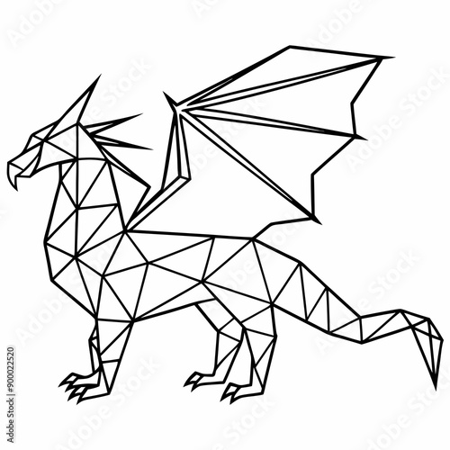 Geometric dragon illustration in black and white style  