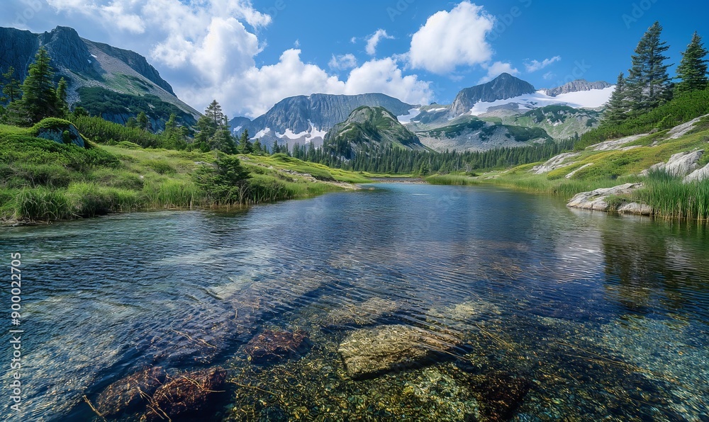 A tranquil mountain lake with crystal clear water, surrounded by lush greenery and towering peaks under a bright blue sky with fluffy white clouds. A tranquil mountain lake with crystal clear water, surrounded by lush greenery and towering peaks under a bright blue sky with fluffy white clouds.