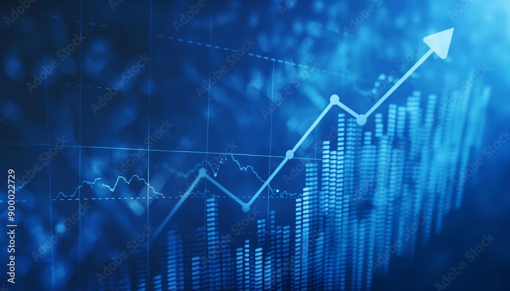 A simple upward arrow on a blue background with line graph. A simple upward arrow on a blue background with line graph.