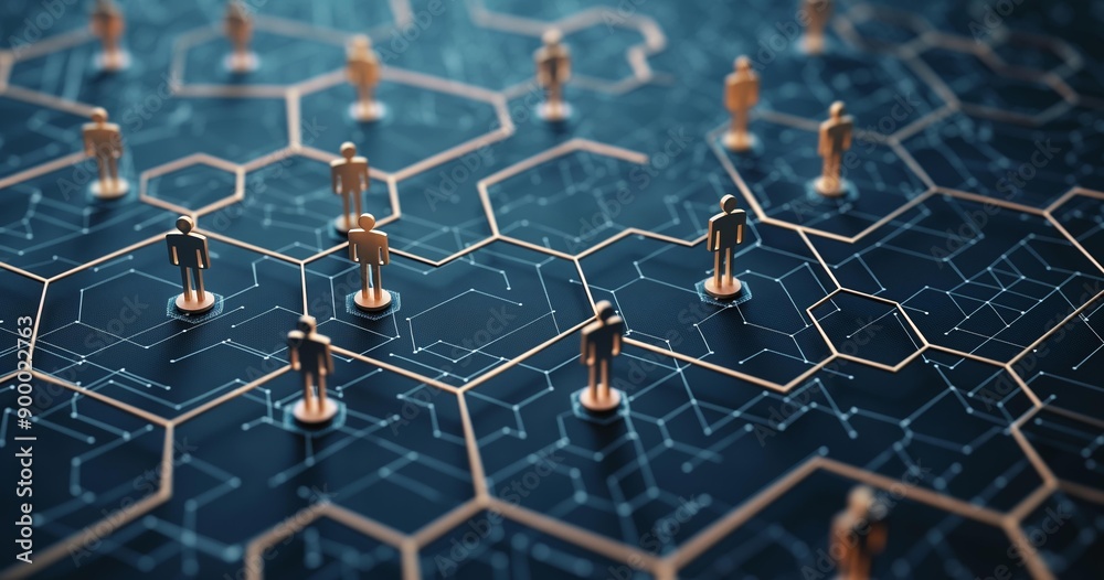A network of interconnected hexagons with wooden figures standing on nodes, illustrating a complex structure against a blue background. A network of interconnected hexagons with wooden figures standing on nodes, illustrating a complex structure against a blue background.