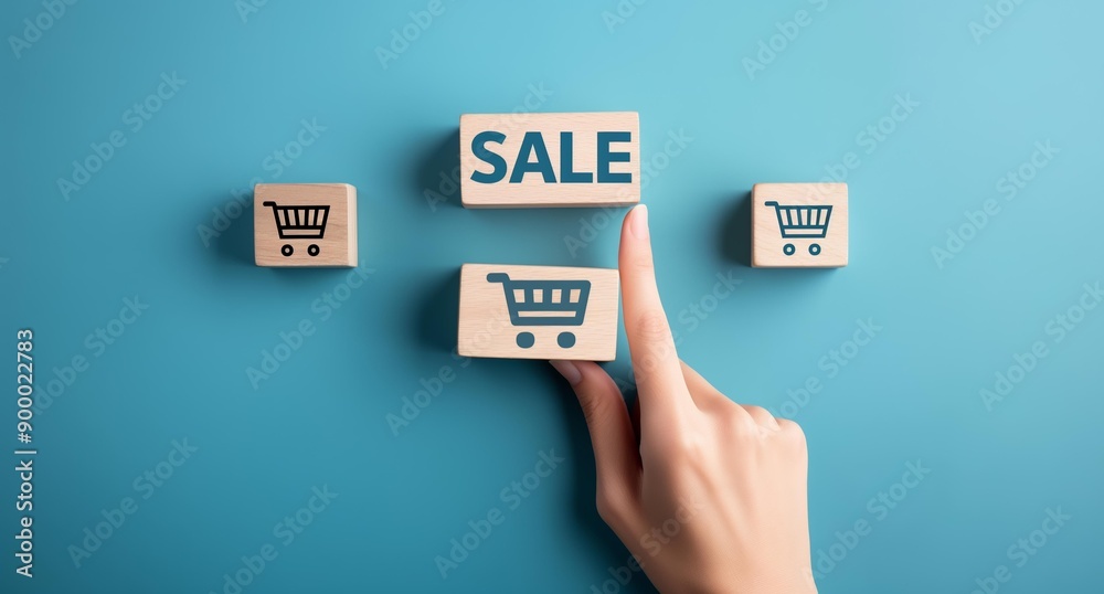 A hand is pushing wooden blocks displaying shopping cart icons and a SALE text on a blue background. A hand is pushing wooden blocks displaying shopping cart icons and a SALE text on a blue background.