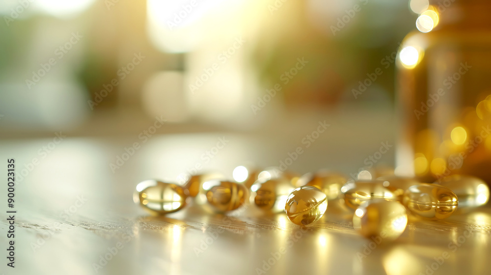Close-up of golden capsules on a wooden surface, illuminated by warm sunlight, highlighting healthcare and wellness themes. Close-up of golden capsules on a wooden surface, illuminated by warm sunlight, highlighting healthcare and wellness themes.