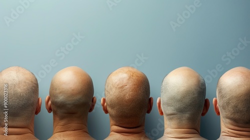 A group of bald heads lined up against a simple background, showcasing diversity and individuality.