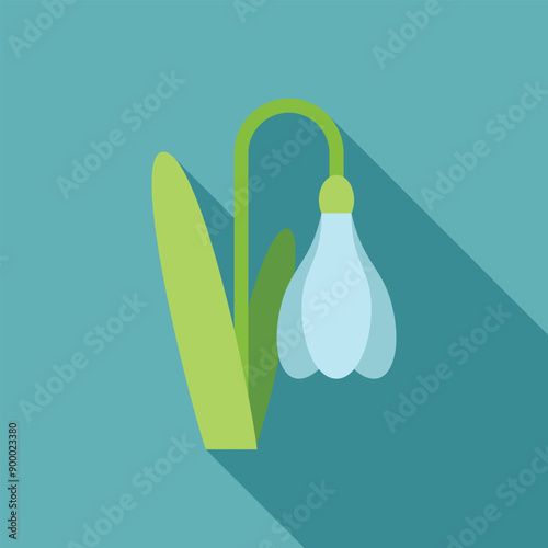 Minimalist illustration of a snowdrop flower blooming, featuring a long shadow against a blue background
