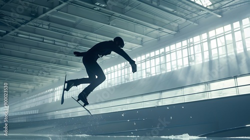 Skateboarder jumping high on mini ramp at skate park indoor 3D randering.  photo