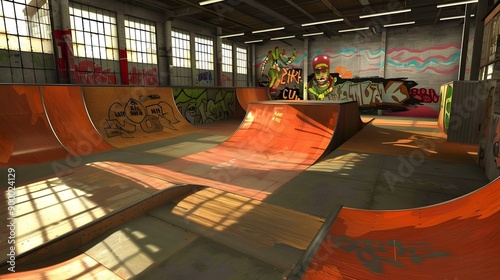 Skateboarder jumping high on mini ramp at skate park indoor 3D randering.  photo