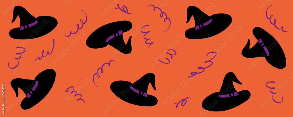 Halloween horizontal banner template with witch hats and serpentine. Festive celebration design for card, invitation, label, sale. Hand drawn vector illustration. Halloween horizontal banner template with witch hats and serpentine. Festive celebration design for card, invitation, label, sale. Hand drawn vector illustration.