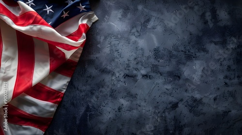 Close up of ruffled American flag on dark background. Satin texture curved flag of USA. Memorial Day or 4th of July. Banner, freedom concept