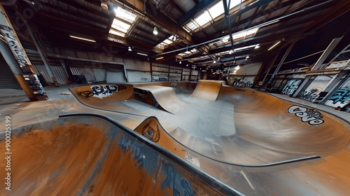 Skateboarder jumping high on mini ramp at skate park indoor 3D randering.  photo