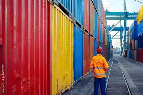 Wallpaper Mural A man in a orange hard hat stands in front of a colorful wall with a red and yellow container Torontodigital.ca