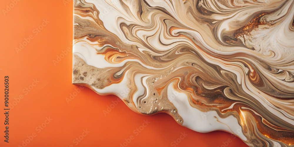 Marble countertop with gold pattern on orange background, top view. Close-up. Marble countertop with gold pattern on orange background, top view. Close-up.