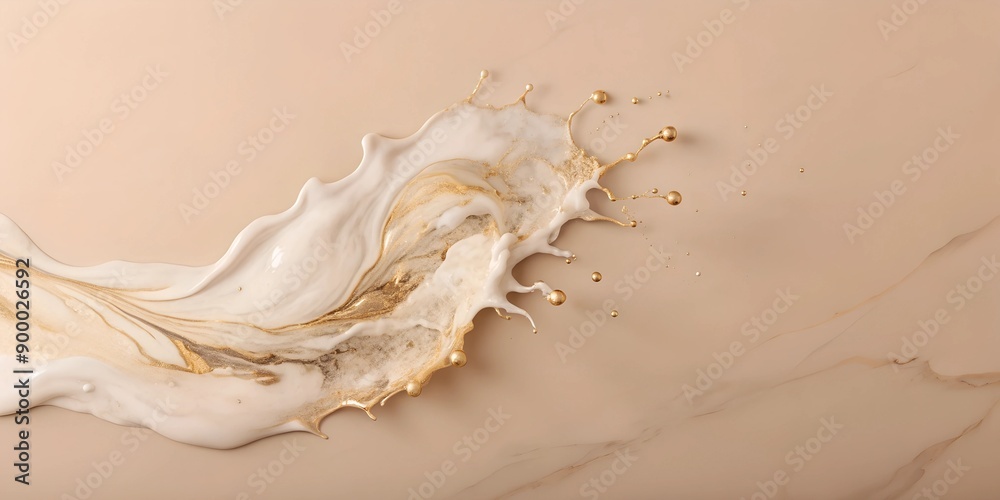 Milk colored paint splatter and gold on a beige background. Drops of gold. Close-up. Milk colored paint splatter and gold on a beige background. Drops of gold. Close-up.