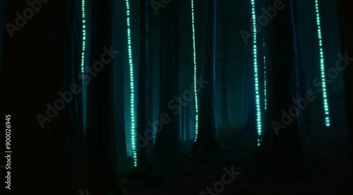 Tech-infused haunted forest with glowing trees and digital ghosts.