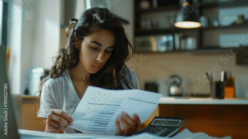 A woman is sitting at a table with a calculator and a piece of paper