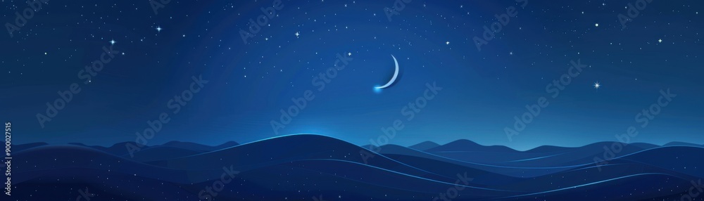 Tranquil Night Sky 3D Flat Design with Crescent Moon and Stars on Midnight Blue Background Tranquil Night Sky 3D Flat Design with Crescent Moon and Stars on Midnight Blue Background