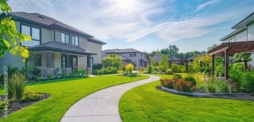High-end suburban homes captured on a sunny summer morning, landscapes meticulously designed with pathways, pergolas, and vibrant gardens