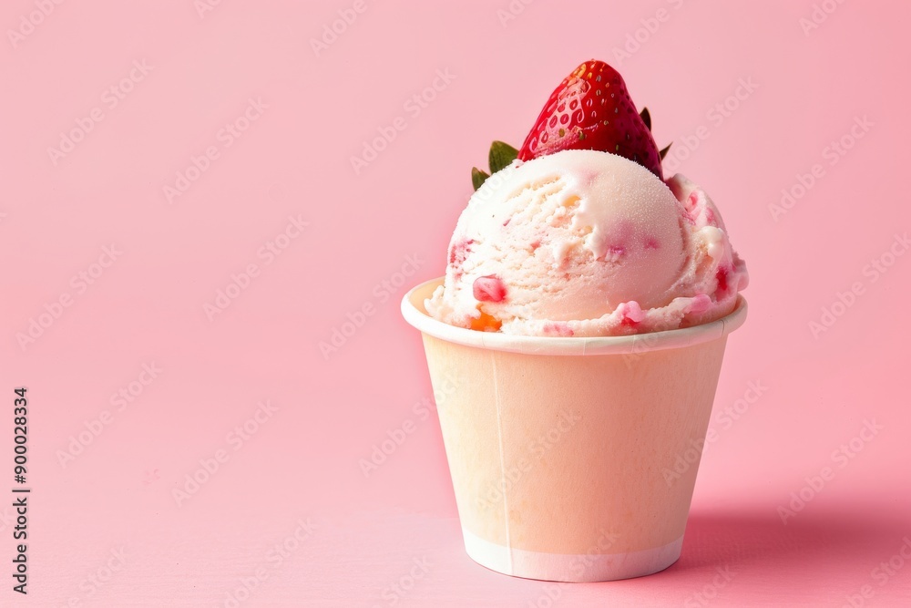 strawberry ice cream in a paper cup; solid background; copy space 