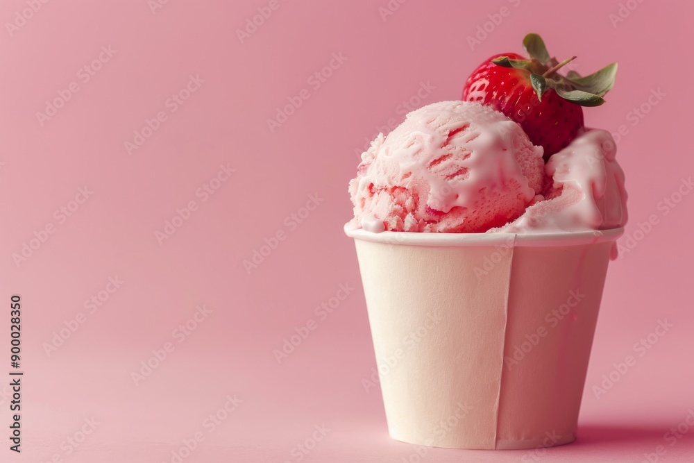 strawberry ice cream in a paper cup; solid background; copy space strawberry ice cream in a paper cup; solid background; copy space