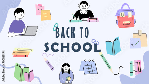 Back to school. Back to school banner, poster, flat design. Student characters and school supplies. Vector illustration.