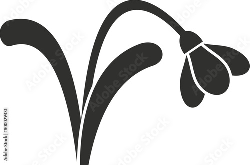 Simple icon of a snowdrop flower with its stem and leaves, isolated on a white background