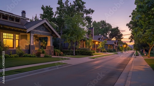 Long street view at dawn focusing on a Craftsman style house, street lined with well-maintained sidewalks and trees