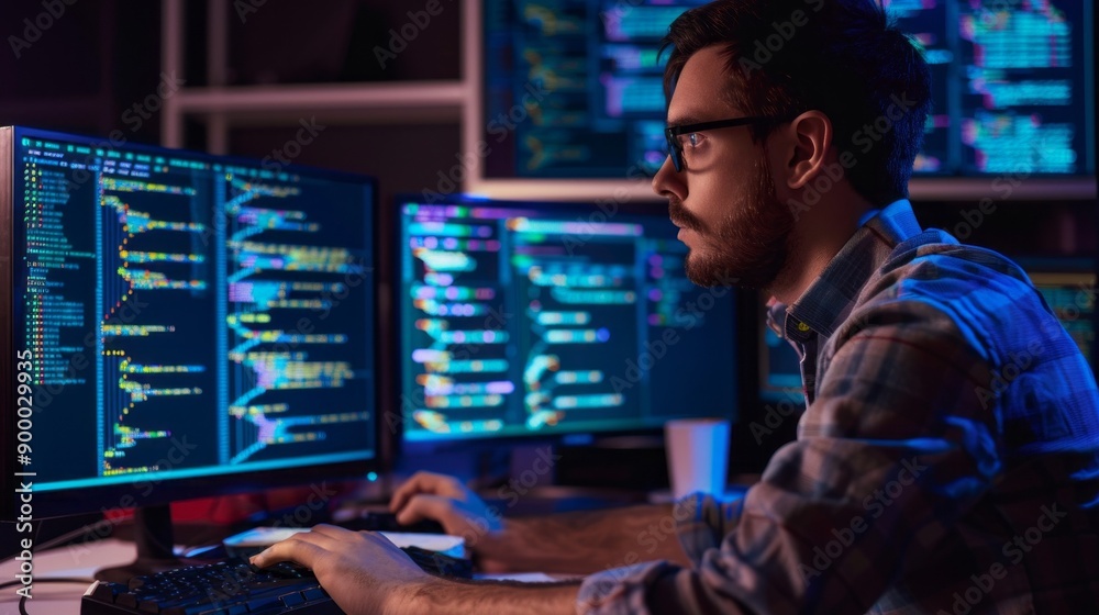 A man is sitting in front of two computer monitors A man is sitting in front of two computer monitors